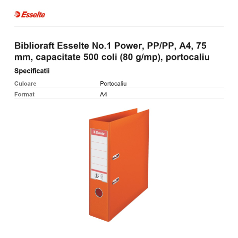 Biblioraft Esselte No.1 Power, PP/PP, A4, 75 mm, capacitate 500 coli (80 g/mp), portocaliu [2]