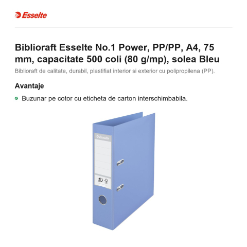 Biblioraft Esselte No.1 Power, PP/PP, A4, 75 mm, capacitate 500 coli (80 g/mp), solea Bleu [1]