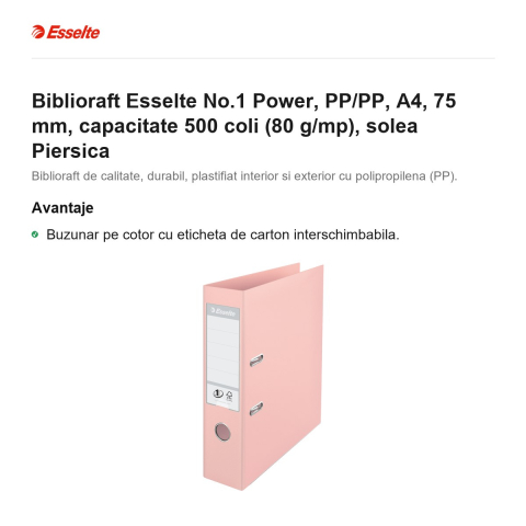 Biblioraft Esselte No.1 Power, PP/PP, A4, 75 mm, capacitate 500 coli (80 g/mp), solea Piersica [1]