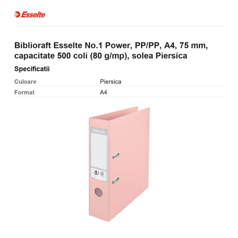 Biblioraft Esselte No.1 Power, PP/PP, A4, 75 mm, capacitate 500 coli (80 g/mp), solea Piersica [2]