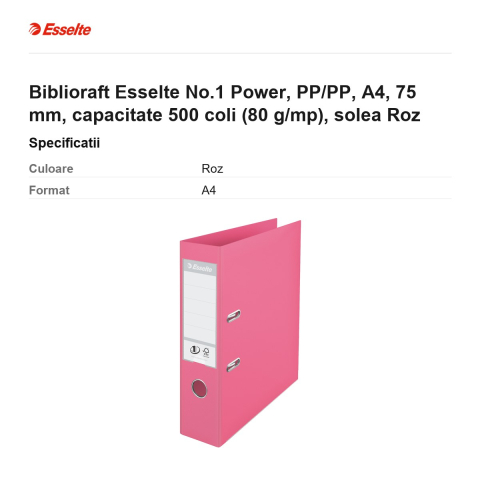 Biblioraft Esselte No.1 Power, PP/PP, A4, 75 mm, capacitate 500 coli (80 g/mp), solea Roz [2]