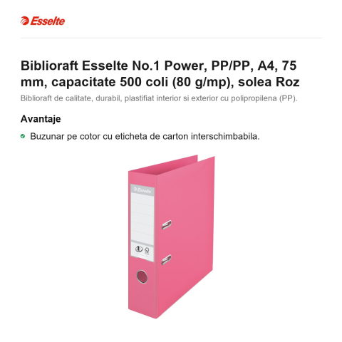 Biblioraft Esselte No.1 Power, PP/PP, A4, 75 mm, capacitate 500 coli (80 g/mp), solea Roz [1]