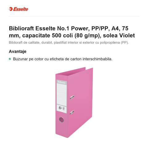 Biblioraft Esselte No.1 Power, PP/PP, A4, 75 mm, capacitate 500 coli (80 g/mp), solea Violet [1]