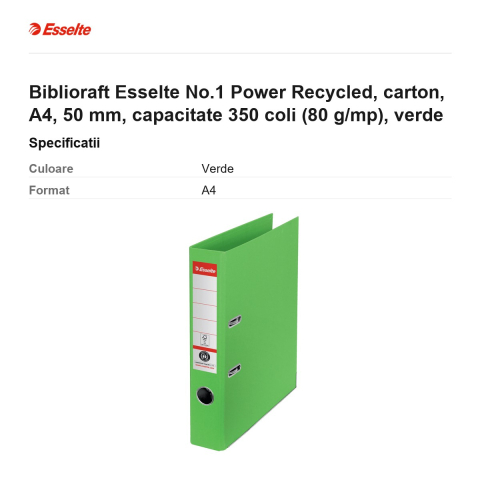 Biblioraft Esselte No.1 Power Recycled, carton, A4, 50 mm, capacitate 350 coli (80 g/mp), verde [2]