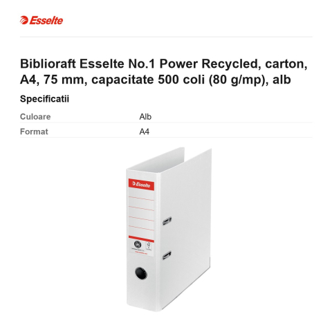 Biblioraft Esselte No.1 Power Recycled, carton, A4, 75 mm, capacitate 500 coli (80 g/mp), alb [2]
