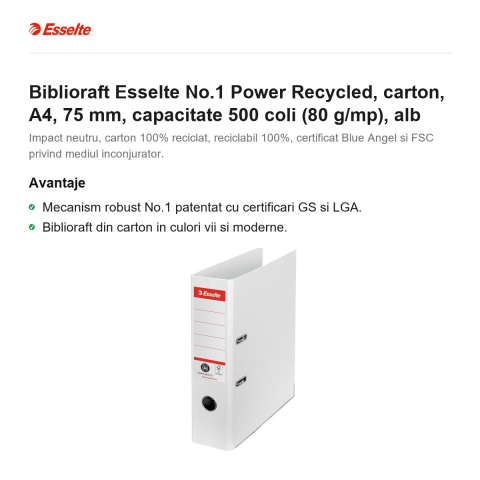 Biblioraft Esselte No.1 Power Recycled, carton, A4, 75 mm, capacitate 500 coli (80 g/mp), alb [1]