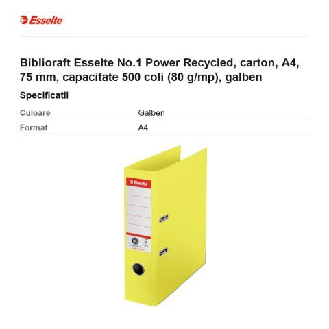 Biblioraft Esselte No.1 Power Recycled, carton, A4, 75 mm, capacitate 500 coli (80 g/mp), galben [2]