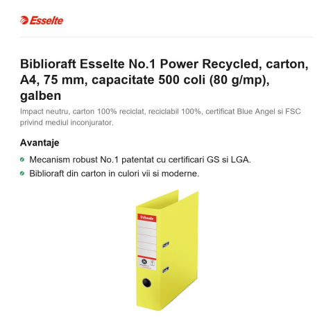 Biblioraft Esselte No.1 Power Recycled, carton, A4, 75 mm, capacitate 500 coli (80 g/mp), galben [1]