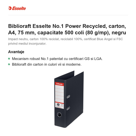Biblioraft Esselte No.1 Power Recycled, carton, A4, 75 mm, capacitate 500 coli (80 g/mp), negru [1]