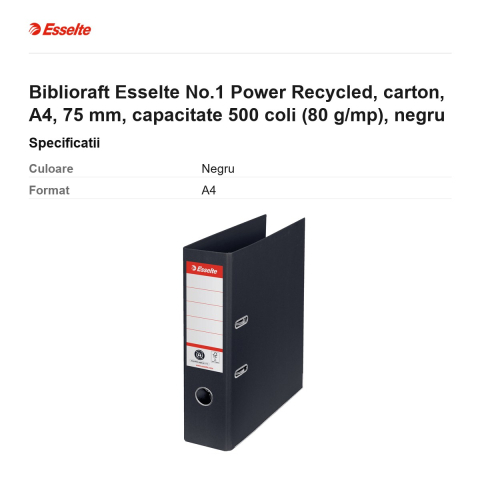 Biblioraft Esselte No.1 Power Recycled, carton, A4, 75 mm, capacitate 500 coli (80 g/mp), negru [2]