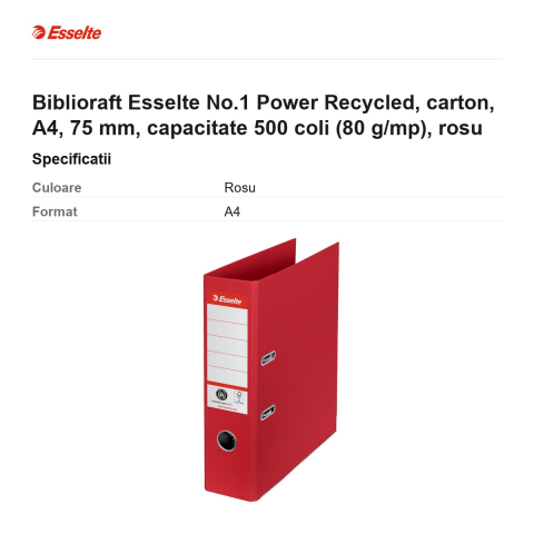 Biblioraft Esselte No.1 Power Recycled, carton, A4, 75 mm, capacitate 500 coli (80 g/mp), rosu [2]