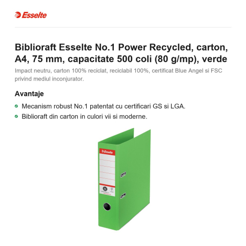 Biblioraft Esselte No.1 Power Recycled, carton, A4, 75 mm, capacitate 500 coli (80 g/mp), verde [1]