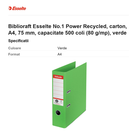 Biblioraft Esselte No.1 Power Recycled, carton, A4, 75 mm, capacitate 500 coli (80 g/mp), verde [2]