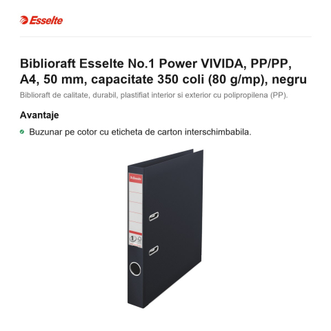 Biblioraft Esselte No.1 Power VIVIDA, PP/PP, A4, 50 mm, capacitate 350 coli (80 g/mp), negru [1]