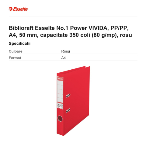 Biblioraft Esselte No.1 Power VIVIDA, PP/PP, A4, 50 mm, capacitate 350 coli (80 g/mp), rosu [2]