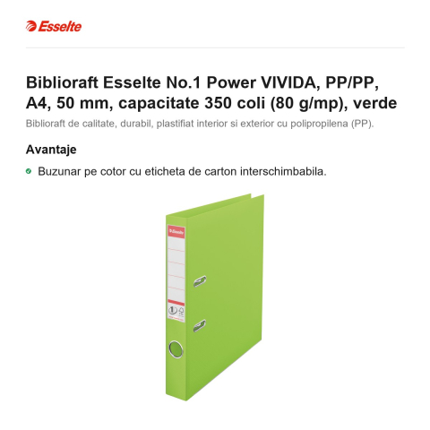 Biblioraft Esselte No.1 Power VIVIDA, PP/PP, A4, 50 mm, capacitate 350 coli (80 g/mp), verde [1]