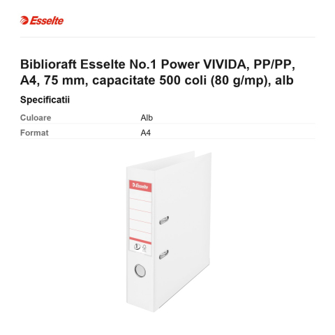 Biblioraft Esselte No.1 Power VIVIDA, PP/PP, A4, 75 mm, capacitate 500 coli (80 g/mp), alb [2]