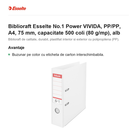 Biblioraft Esselte No.1 Power VIVIDA, PP/PP, A4, 75 mm, capacitate 500 coli (80 g/mp), alb [1]