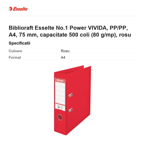 Biblioraft Esselte No.1 Power VIVIDA, PP/PP, A4, 75 mm, capacitate 500 coli (80 g/mp), rosu [2]