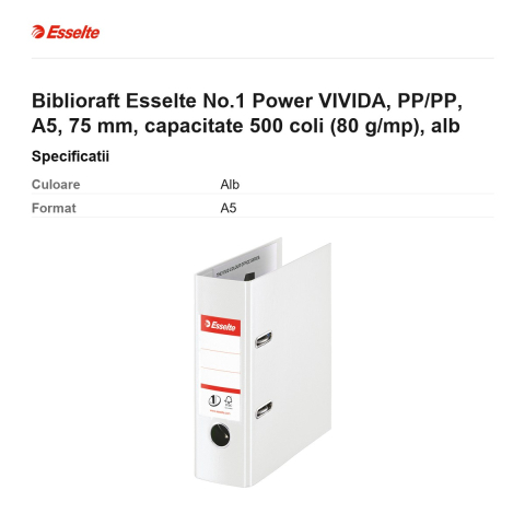 Biblioraft Esselte No.1 Power VIVIDA, PP/PP, A5, 75 mm, capacitate 500 coli (80 g/mp), alb [2]