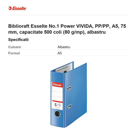 Biblioraft Esselte No.1 Power VIVIDA, PP/PP, A5, 75 mm, capacitate 500 coli (80 g/mp), albastru [2]