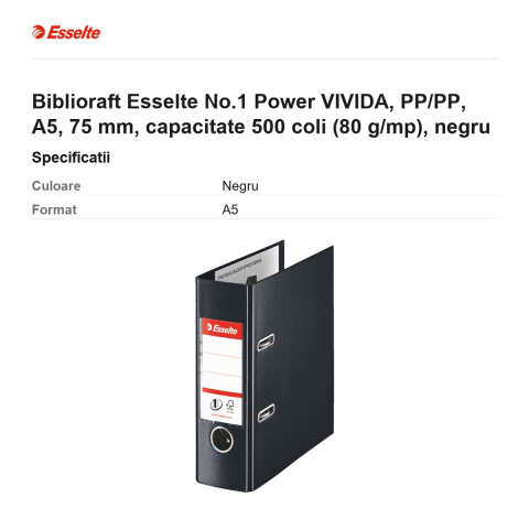 Biblioraft Esselte No.1 Power VIVIDA, PP/PP, A5, 75 mm, capacitate 500 coli (80 g/mp), negru [2]