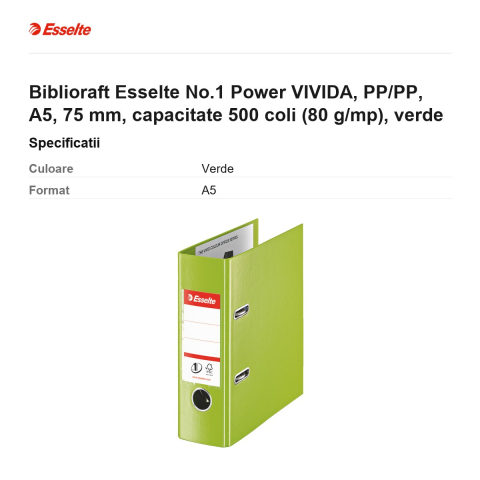 Biblioraft Esselte No.1 Power VIVIDA, PP/PP, A5, 75 mm, capacitate 500 coli (80 g/mp), verde [2]