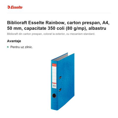 Biblioraft Esselte Rainbow, carton prespan, A4, 50 mm, capacitate 350 coli (80 g/mp), albastru [1]