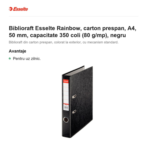Biblioraft Esselte Rainbow, carton prespan, A4, 50 mm, capacitate 350 coli (80 g/mp), negru [1]