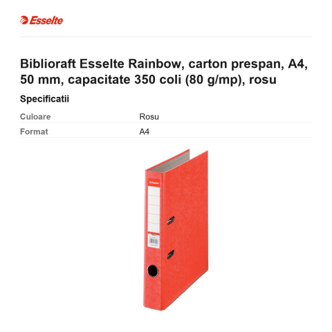 Biblioraft Esselte Rainbow, carton prespan, A4, 50 mm, capacitate 350 coli (80 g/mp), rosu [2]