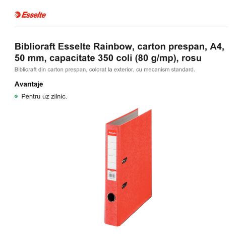 Biblioraft Esselte Rainbow, carton prespan, A4, 50 mm, capacitate 350 coli (80 g/mp), rosu [1]