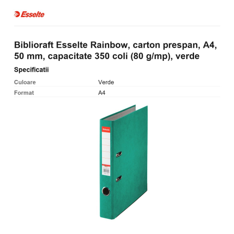Biblioraft Esselte Rainbow, carton prespan, A4, 50 mm, capacitate 350 coli (80 g/mp), verde [2]