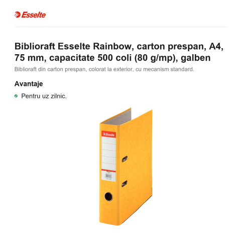 Biblioraft Esselte Rainbow, carton prespan, A4, 75 mm, capacitate 500 coli (80 g/mp), galben [1]