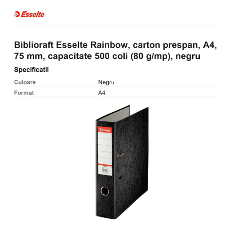 Biblioraft Esselte Rainbow, carton prespan, A4, 75 mm, capacitate 500 coli (80 g/mp), negru [2]
