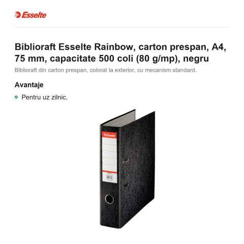 Biblioraft Esselte Rainbow, carton prespan, A4, 75 mm, capacitate 500 coli (80 g/mp), negru [1]