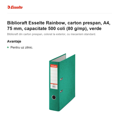 Biblioraft Esselte Rainbow, carton prespan, A4, 75 mm, capacitate 500 coli (80 g/mp), verde [1]