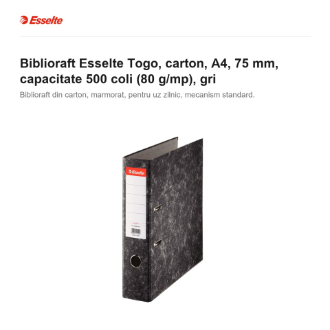 Biblioraft Esselte Togo, carton, A4, 75 mm, capacitate 500 coli (80 g/mp), gri [1]