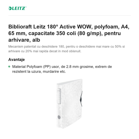 Biblioraft Leitz 180° Active WOW, polyfoam, A4, 65 mm, capacitate 350 coli (80 g/mp), pentru arhivare, alb [1]