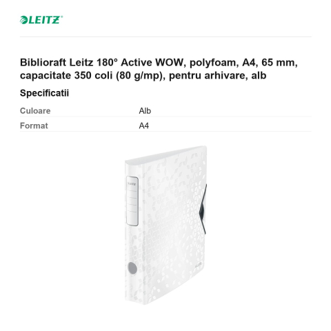 Biblioraft Leitz 180° Active WOW, polyfoam, A4, 65 mm, capacitate 350 coli (80 g/mp), pentru arhivare, alb [2]