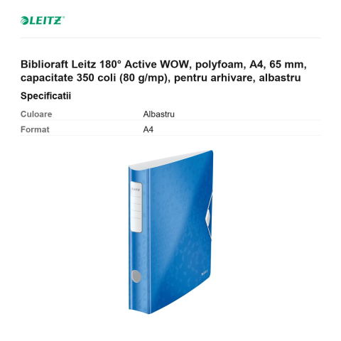 Biblioraft Leitz 180° Active WOW, polyfoam, A4, 65 mm, capacitate 350 coli (80 g/mp), pentru arhivare, albastru [2]