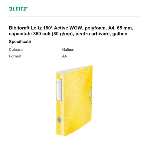 Biblioraft Leitz 180° Active WOW, polyfoam, A4, 65 mm, capacitate 350 coli (80 g/mp), pentru arhivare, galben [2]