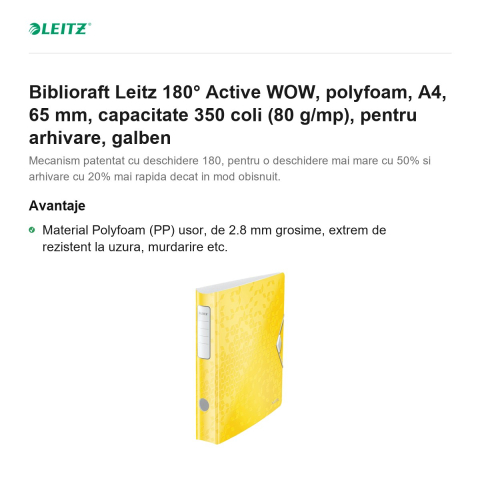 Biblioraft Leitz 180° Active WOW, polyfoam, A4, 65 mm, capacitate 350 coli (80 g/mp), pentru arhivare, galben [1]