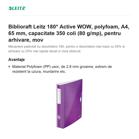 Biblioraft Leitz 180° Active WOW, polyfoam, A4, 65 mm, capacitate 350 coli (80 g/mp), pentru arhivare, mov [1]