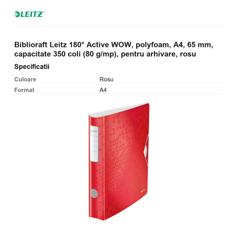 Biblioraft Leitz 180° Active WOW, polyfoam, A4, 65 mm, capacitate 350 coli (80 g/mp), pentru arhivare, rosu [2]
