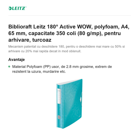 Biblioraft Leitz 180° Active WOW, polyfoam, A4, 65 mm, capacitate 350 coli (80 g/mp), pentru arhivare, turcoaz [1]