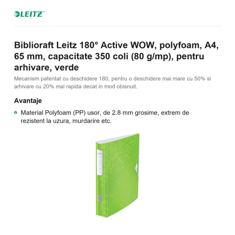 Biblioraft Leitz 180° Active WOW, polyfoam, A4, 65 mm, capacitate 350 coli (80 g/mp), pentru arhivare, verde [1]