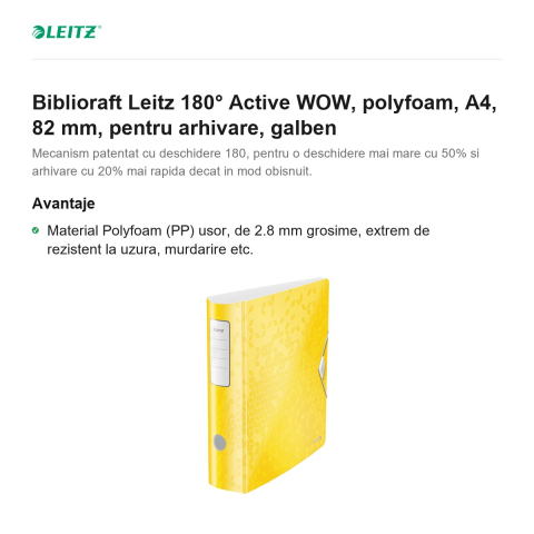 Biblioraft Leitz 180° Active WOW, polyfoam, A4, 82 mm, pentru arhivare, galben [1]