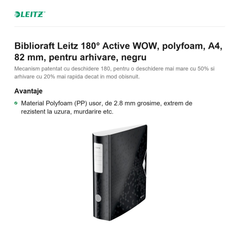 Biblioraft Leitz 180° Active WOW, polyfoam, A4, 82 mm, pentru arhivare, negru [1]