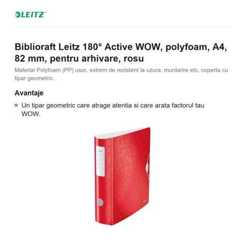 Biblioraft Leitz 180° Active WOW, polyfoam, A4, 82 mm, pentru arhivare, rosu [1]