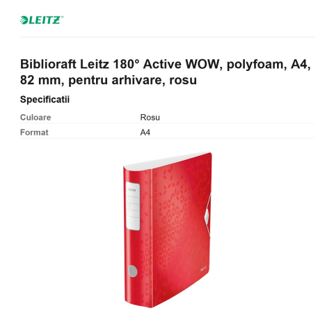 Biblioraft Leitz 180° Active WOW, polyfoam, A4, 82 mm, pentru arhivare, rosu [2]